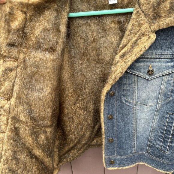 Vintage Marvin Richards Blue Denim Jean Jacket Faux Fur Lined Sz Medium 90s Y2K - Picture 12 of 14